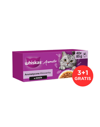 WHISKAS Adult Aromatická zmes 120x85 g vrecúška kompletné krmivo pre dospelé mačky v omáčke s kúskami glazovaného bravčového mäsa a mrkvy, šťavnatým kuracím mäsom, s kúskami morských rýb vo vývare, jemným lososom a hráškom + 40