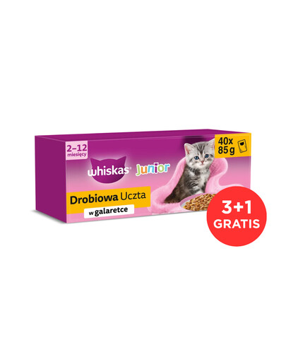 WHISKAS Junior Hydinová hostina 120x85g krmivo s kuracím, kačacím, hydinovým a morčacím mäsom v želé pre mačiatka + 40 vrecúšok ZADARMO