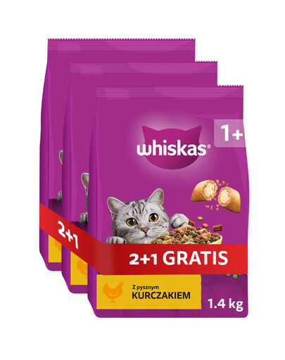 WHISKAS suché krmivo pre mačky s kuracím mäsom 1,4 kg 2+1 ZADARMO