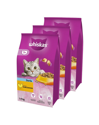 WHISKAS Sterile suché krmivo 3x1,4 kg s kuracím mäsom pre sterilizované mačky