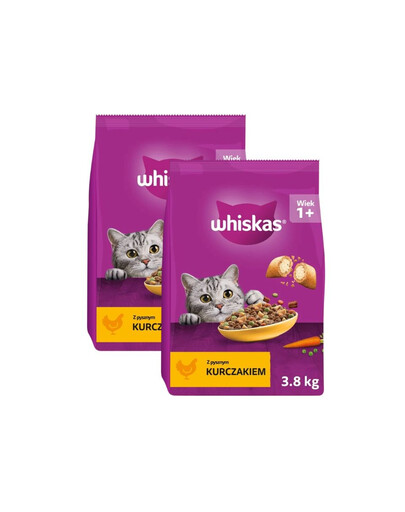 WHISKAS suché krmivo pre dospelé mačky s kuracím mäsom 7,6 kg (2x3,8 kg)