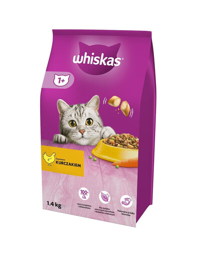 WHISKAS Adult 3x1,4 kg kompletné suché krmivo pre dospelé mačky s lahodným kuracím mäsom