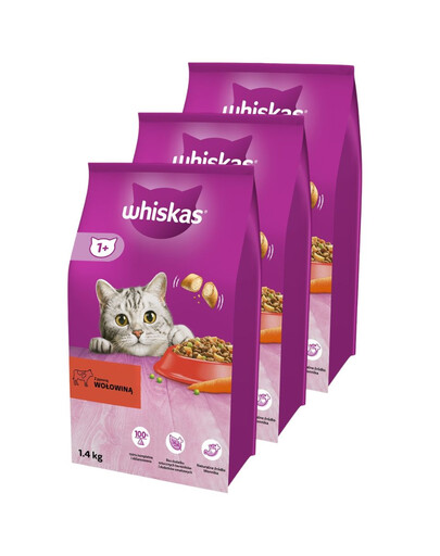 WHISKAS Adult 3x1,4 kg kompletné suché krmivo pre dospelé mačky s lahodným hovädzím mäsom