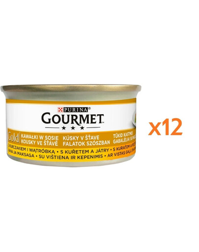 GOURMET Gold kúsky v omáčke s kuracím mäsom a pečeňou pre mačky 12x85 g