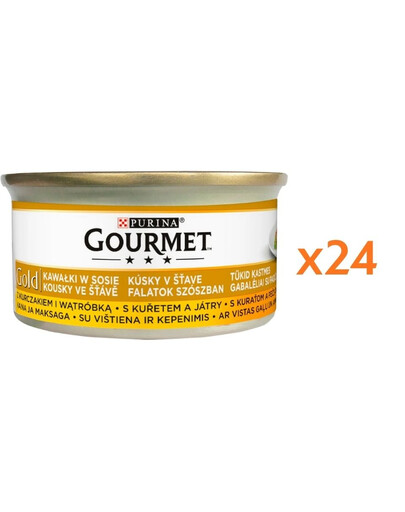 GOURMET Gold kúsky v omáčke s kuracím mäsom a pečeňou pre mačky 24x85 g