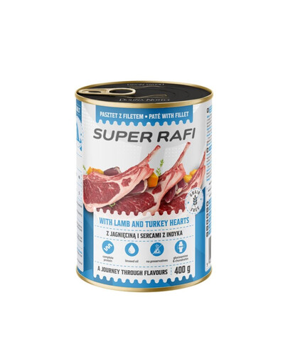 SUPER RAFI s jahňacími a morčacími srdcami 400 g mokré krmivo pre psov
