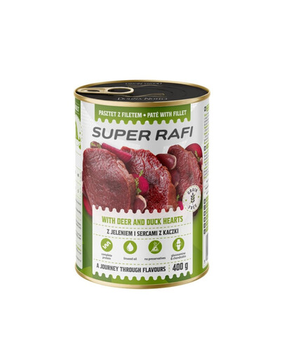 SUPER RAFI s jeleními a kačacími srdcami 400 g mokré krmivo pre psov