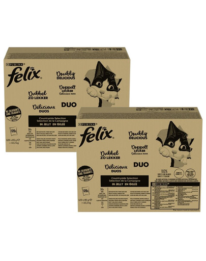 FELIX Fantastic DUO Mix Vidiecke chute v želé 240x85g hovädzie a hydina, moriak a pečeň, kurča a obličky, kačica a jahňacina, mokré krmivo pre mačky