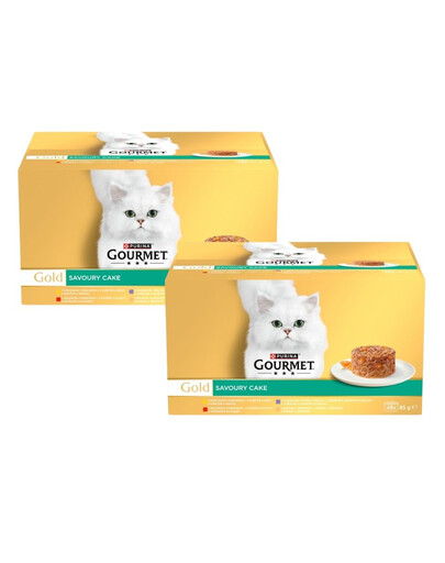 GOURMET Gold Savoury Cake 96x85g s kuracím, hovädzím, jahňacím a morčacím mäsom, mokrá strava pre mačky