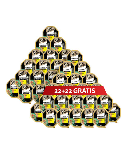 SHEBA Classics miska 44 x 85 g kompletné mokré krmivo pre dospelé mačky s kačacím a kuracím mäsom v terine 22+22 ZADARMO
