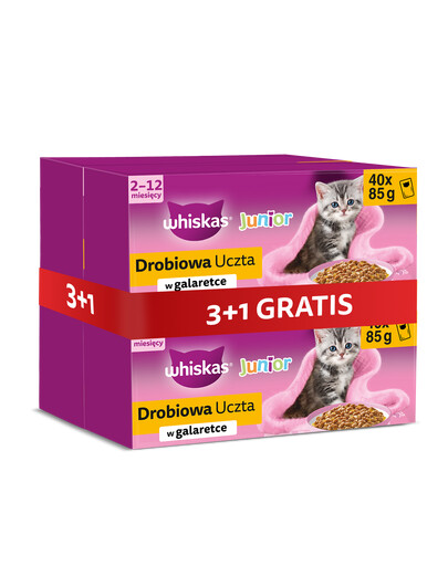 WHISKAS Junior Poultry Feast 4 x 40x85g mokré krmivo s kuracím, kačacím, hydinovým a morčacím mäsom v želé pre mačiatka 3+1 ZADARMO