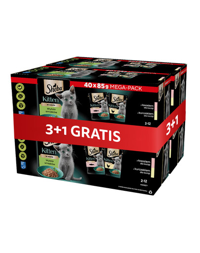 SHEBA Kitten Výber príchutí vrecúška 4 x 40x85 g v omáčke kúsky s lososom, kura pre mačiatka 3+1 ZDARMA