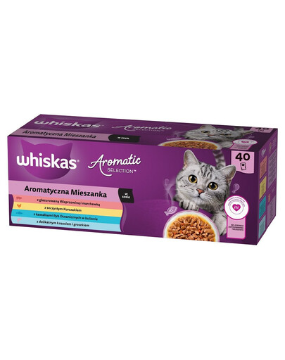 WHISKAS Adult Aromatická zmes 4 x 40x85 g vrecká - kompletné krmivo pre dospelé mačky v omáčke s kúskami glazovaného bravčového mäsa a mrkvy, šťavnatým kuracím mäsom, s kúskami morských rýb vo vývare, jemným lososom a hráškom 3+Zadarmo
