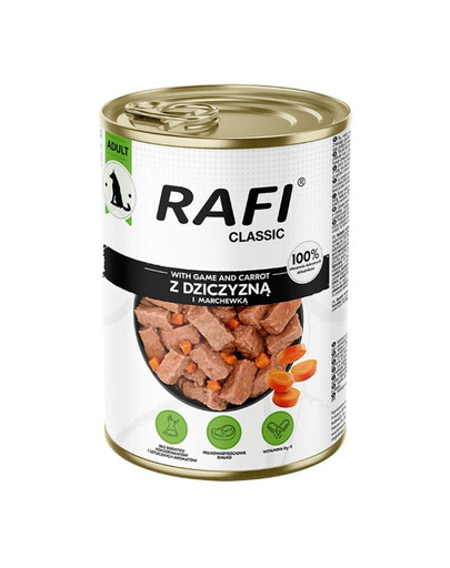 RAFI Classic Jelenie mäso s mrkvou v omáčke 1240 g mokré krmivo pre psov všetkých plemien