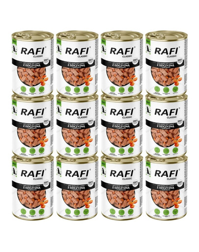 RAFI Classic Jelenie mäso s mrkvou v omáčke 12x1240 g mokré krmivo pre psov všetkých plemien