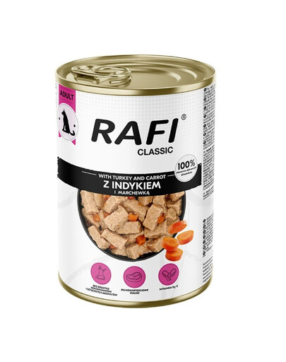 RAFI Classic Morčacie mäso s mrkvou v omáčke 1240 g mokré krmivo pre psov všetkých plemien