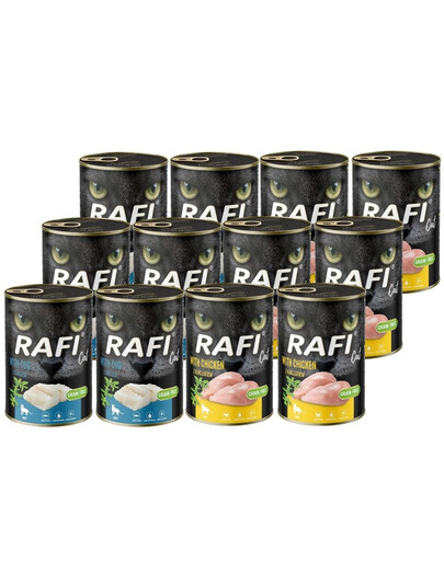 RAFI Cat Adult Mix príchutí 12x400 s treskou a kuracím mäsom, mokré krmivo pre mačky