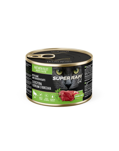 SUPER RAFI Cat s divinou a kuracími srdcami 185g konzerva pre mačky