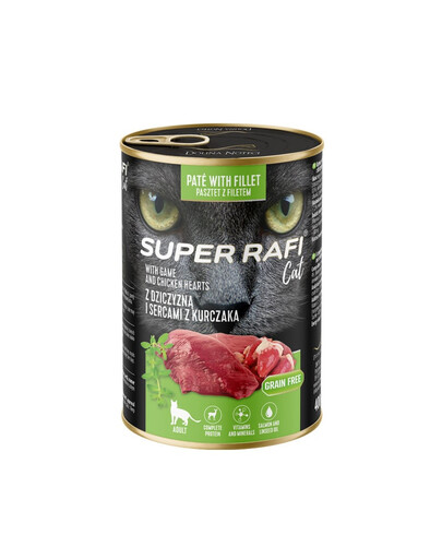 SUPER RAFI Cat s divinou a srdcami z kurča 400g konzerva pre mačku