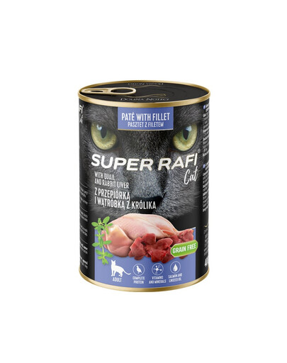 SUPER RAFI Cat s prepelicou a králičou pečeňou 400g konzerva pre mačku