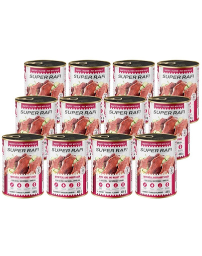SUPER RAFI z cielęciną i wątróbką z królika 12x400 g mokra karma dla psa