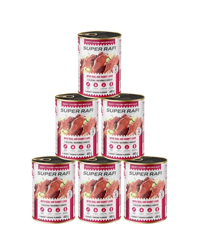 SUPER RAFI z cielęciną i wątróbką z królika 6x400 g mokra karma dla psa