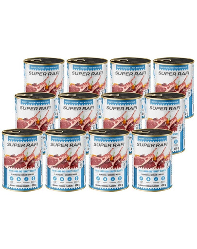 SUPER RAFI z jagnięciną i sercami indyka 12x400 g mokra karma dla psa
