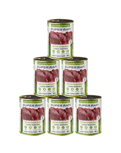 SUPER RAFI z jeleniem i sercami z kaczki 6x400 g mokra karma dla psa