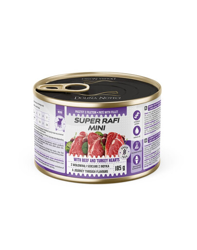 SUPER RAFI Mini s hovädzím a morčacím srdcom 185g mokré krmivo pre psy malých plemien