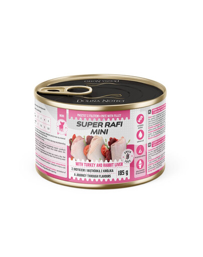 SUPER RAFI Mini s morčacou a králičou pečeňou 185g mokré krmivo pre psy malých plemien