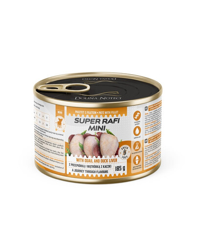 Super Rafi Mini mokré krmivo pre psy malých plemien s prepeličou a kačacou pečeňou 185 g