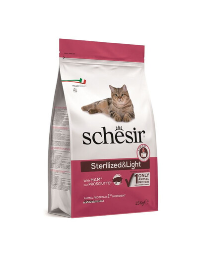 SCHESIR Original Sterilized and Light Ham 1,5 kg suché krmivo pre sterilizované a ľahko stráviteľné mačky