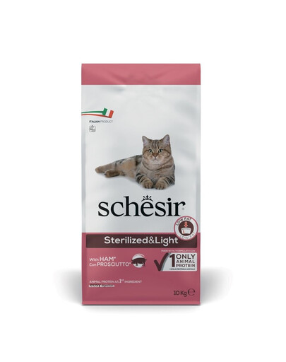 SCHESIR Original Sterilized and Light Ham 10 kg suché krmivo pre mačky po sterilizácii a ľahko stráviteľné