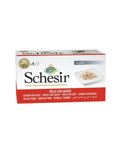 SCHESIR Kuracie s hovädzím mäsom v želé 4x85 g mokré krmivo pre psov