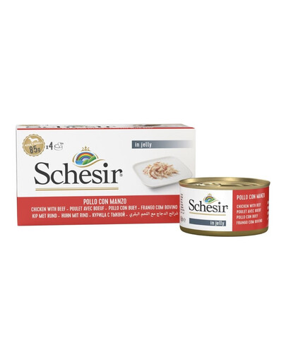 SCHESIR Kuracie s hovädzím mäsom v želé 4x85 g mokré krmivo pre psov