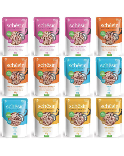 SCHESIR Sada pre mačky Mix 4 príchutí 12x85g