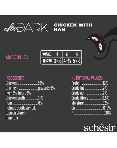 SCHESIR After Dark Kuracie so šunkou vo vývare 80 g mokré krmivo pre mačky