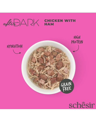 SCHESIR After Dark Kuracie so šunkou vo vývare 80 g mokré krmivo pre mačky