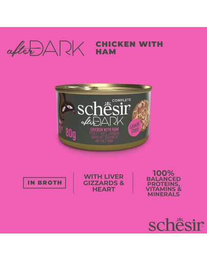 SCHESIR After Dark Kuracie so šunkou vo vývare 80 g mokré krmivo pre mačky