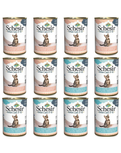 SCHESIR Kitten Care 3-12 Sada tuniaka a kuracieho mäsa s aloe v želé 12x140g
