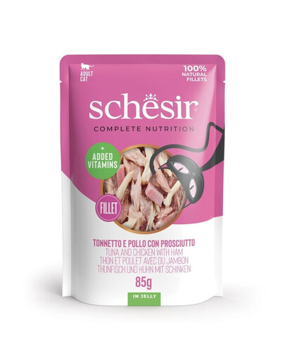 SCHESIR Tuniak a kuracie mäso so šunkou v želé pre mačky 12x85 g