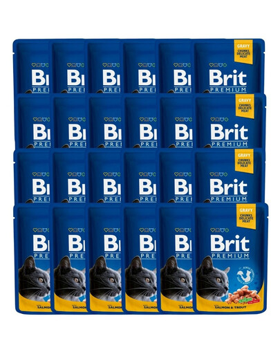 BRIT Premium Cat Adult Mix príchutí 48x100 g kapsičky s lososom a pstruhom, hovädzím mäsom a hráškom pre mačky