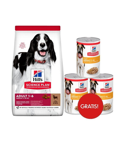 HILL'S Science Plan Canine Adult Medium Lamb & Rice 18 kg Krmivo pre stredne veľké psy jahňacie s ryžou + 3 konzervy mokrého krmiva HILL's ZADARMO