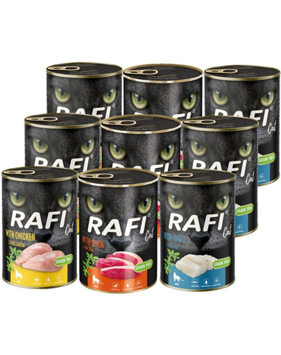 RAFI Cat Adult Mix príchutí 9x400 s treskou, kuracím a kačacím mäsom, mokré krmivo pre mačky