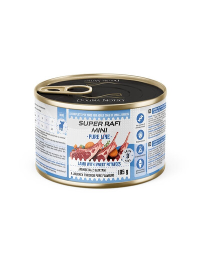 SUPER RAFI Mini Pure Line zmes 2 príchutí so sladkými zemiakmi 6x185g mokré krmivo pre psy malých plemien