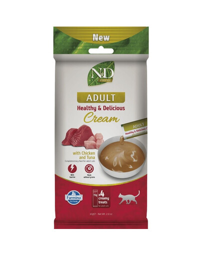 FARMINA N&D Prime Cat Creamy Chicken and Tuna 60 g s kuracím mäsom a tuniakom, krémová pochúťka pre mačky