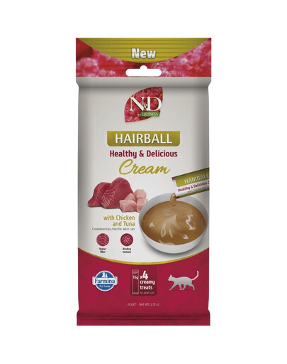 FARMINA N&D Quinoa Cat Hairball Cream Chicken and Tuna 60 g s kuracím mäsom a tuniakom, odstraňujúci krémový maškrt pre mačky