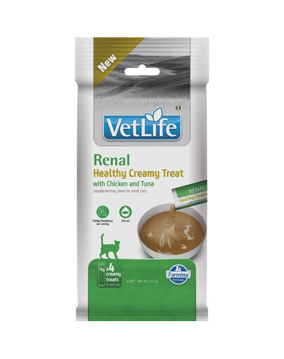 FARMINA Vet Life Cat Renal Creamy 60 g s kuracím mäsom a tuniakom, krémová pochúťka pre mačky podporujúca močový systém a obličky