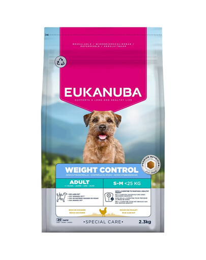 EUKANUBA Special Care Small & Medium Breed Adult Dogs Weight Control 2,3 kg krmivo na podporu kontroly hmotnosti pre psov malých a stredných plemien