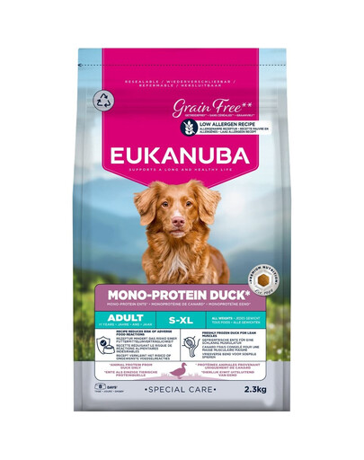 EUKANUBA Special Care Adult Mono-Protein Duck 2,3 kg krmivo pre dospelých psov, bohaté na čerstvo mrazenú kačicu